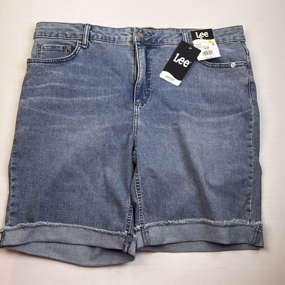 Lee Denim Shorts Women's 18 Rolled Frayed Hem Bermuda Mid Rise Light Wash Casual